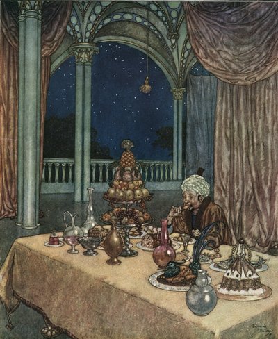 美女与野兽》：贝儿的父亲来到城堡，发现桌子上摆满了食物，约 1910 年（石版画） 作者 埃德蒙·杜拉克（Edmund Dulac）