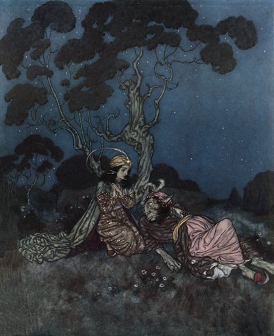 美女与野兽：被野兽惊吓的美女躺在野兽身边，约 1910 年（石版画） 作者 埃德蒙·杜拉克（Edmund Dulac）