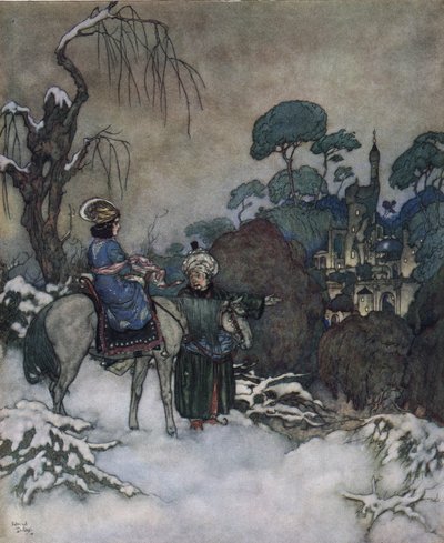 美女与野兽：贝儿同意代替被贝特囚禁的父亲去解救他，她向城堡走去，约 1910 年（石版画） 作者 埃德蒙·杜拉克（Edmund Dulac）