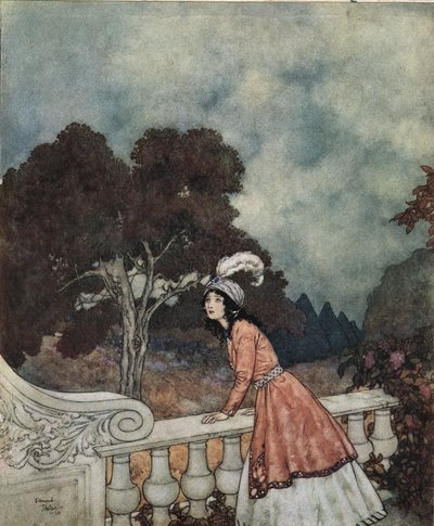 蓝胡子：约 1910 年，蓝胡子的年轻妻子法蒂玛问妹妹安妮是否能从塔楼上看到她的哥哥们（石版画） 作者 埃德蒙·杜拉克（Edmund Dulac）