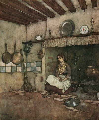 灰姑娘：年轻的灰姑娘坐在烟囱的灰烬中，约 1910 年（石版画） 作者 埃德蒙·杜拉克（Edmund Dulac）