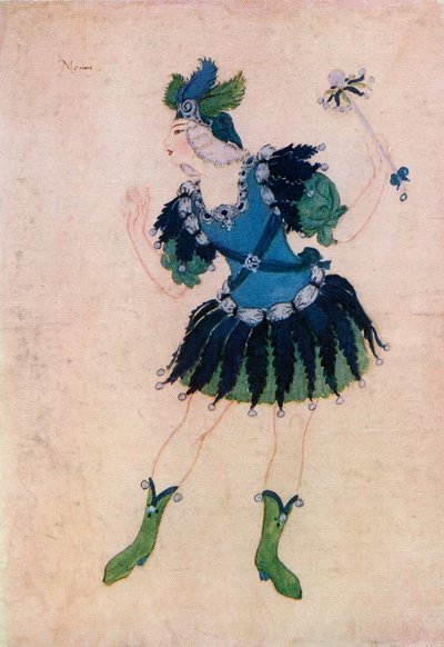 埃德蒙-杜拉克（Edmund Dulac）为歌剧《菲比斯与潘》中莫莫斯的服装设计，选自《玛丽-若泽公主的童书》，1916 年出版（彩色石版印刷）。 作者 埃德蒙·杜拉克（Edmund Dulac）