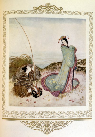 插图 "男子与巨龟对话。日本"，作者杜拉克。 作者 埃德蒙·杜拉克（Edmund Dulac）