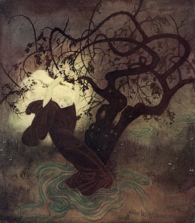 "在她疯狂的挣扎中，斗篷的兜帽从她耀眼的金发上掉了下来，整个地方立刻被光芒淹没"，插图出自英国童话《埋葬的月亮》，摘自埃德蒙-杜拉克的《童话书》：英国童话《埋葬的月亮》中的插图。 作者 埃德蒙·杜拉克（Edmund Dulac）