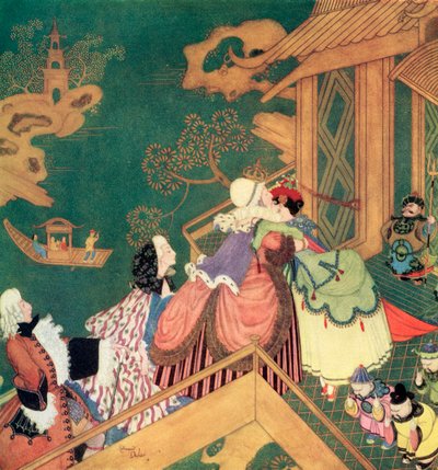"Laideronnette 亲吻并拥抱了善良的仙女保护人"，法国童话《绿蛇》中的插图，选自埃德蒙-杜拉克的《童话书》：盟国童话》，1916 年出版 作者 埃德蒙·杜拉克（Edmund Dulac）