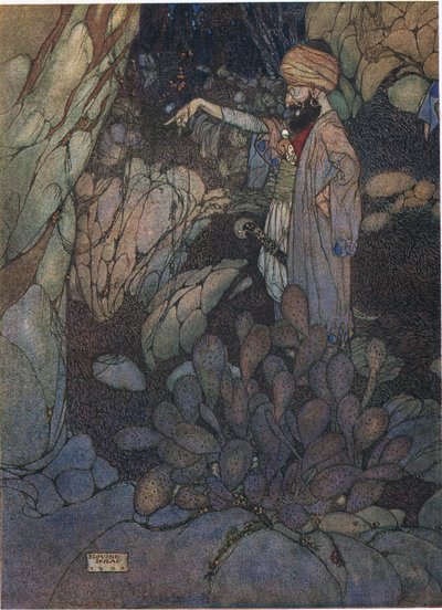 芝麻开门》，插图选自《阿里巴巴和四十大盗》（彩色石版画） 作者 埃德蒙·杜拉克（Edmund Dulac）