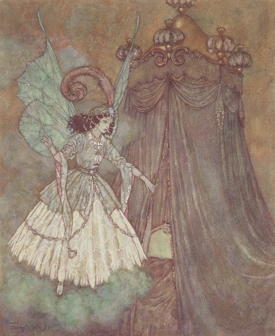 "她发现自己面对的是一位端庄美丽的女士"，《美女与野兽》插图 作者 埃德蒙·杜拉克（Edmund Dulac）