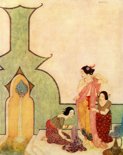 贝德尔-布杜尔夫人来洗澡，《阿拉丁与神灯》插图 作者 埃德蒙·杜拉克（Edmund Dulac）