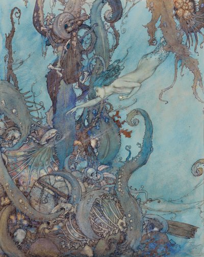 小美人鱼》，"只要一看到明亮的液体，他们就吓得往后退"。 作者 埃德蒙·杜拉克（Edmund Dulac）