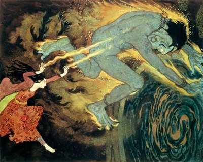 公主烧死了埃尔弗里特人，选自《辛巴达水手和其他故事》中的《三个日历的故事》（彩色石版印刷）。 作者 埃德蒙·杜拉克（Edmund Dulac）