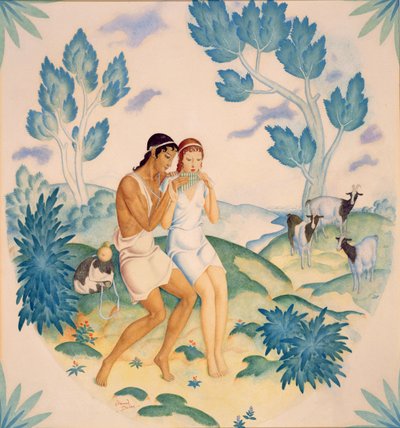 年轻夫妇，达夫尼斯和克洛伊（纸面水彩画） 作者 埃德蒙·杜拉克（Edmund Dulac）