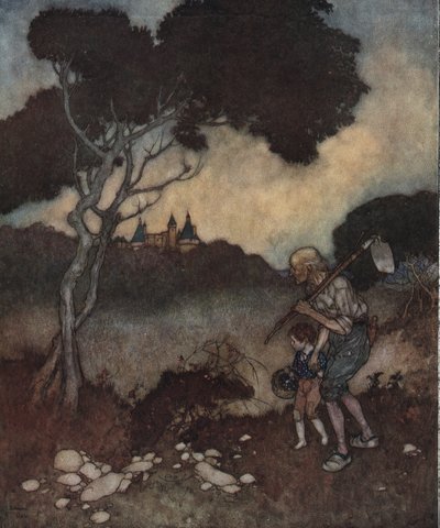睡美人：公主城堡的塔楼出现在树林上方。 作者 埃德蒙·杜拉克（Edmund Dulac）