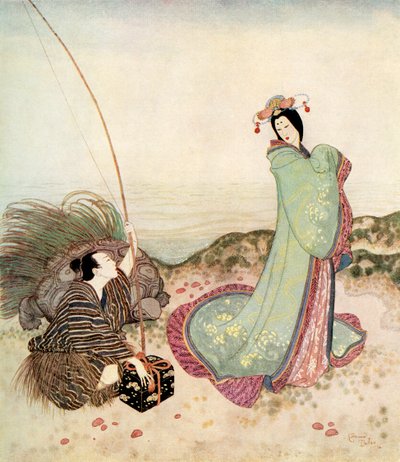 "Urashima was so enchanted that he could not speak a word"，日本童话《Urashima Taro 的故事》插图，摘自埃德蒙-杜拉克的《童话书》：盟国童话》，1916 年出版 作者 埃德蒙·杜拉克（Edmund Dulac）
