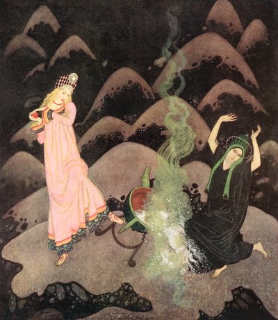 "随着一声尖叫，公主冲上前去，在她邪恶的姐姐阻止她之前，她 "砰 "的一声打翻了大锅"，俄罗斯童话《火鸟》插图，摘自埃德蒙-杜拉克的《童话书》：盟国童话》、 作者 埃德蒙·杜拉克（Edmund Dulac）