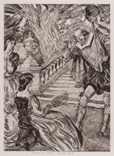 第十二夜; 或者，你会做什么，第三幕，Sc 4（石版画） 作者 埃德蒙·约瑟夫·沙利文
