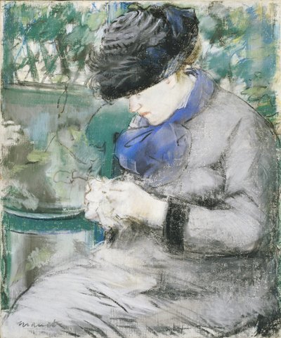 坐在花园或针织中的女孩，1879年 作者 爱德华·马奈
