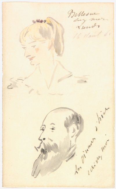 马奈 - 女人头像和大胡子男人头像，1880 年 作者 爱德华·马奈
