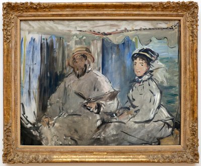 画家克劳德-莫奈（1840-1926）在他的工作室。(在他身边的是他的妻子卡米尔，在他的工作室船上）。)爱德华-马奈（1832-1883）的画作，帆布油画 作者 爱德华·马奈