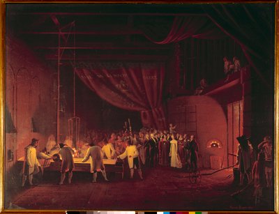 贝里公爵夫人 (1798-1870) 的玛丽·卡罗琳·德·波旁 (Marie Caroline de Bourbon) 于 1822 年参观了圣戈班的工厂。工人们用玻璃铸造了一个桌子。 Edouard Pingret (1788-1875) 的画作，1824 年私人收藏 作者 爱德华·平格莱特