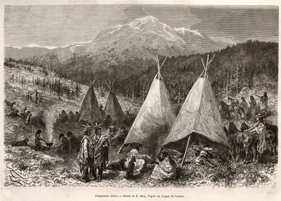 An Indian camp, in Utah territory, on the banks of the Riviere Verte. Engraving after the drawing of E.Riou, to illustrate the story La conquete blanche, by William Hepworth Dixon, in 1875, published in “” Le tour du monde””” 1876, edited by Edouard Charto 作者 爱德华·里奥（Edouard Riou）