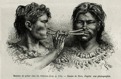 An instrument made of bird bone and a way of snuffing among the Indians ouitotos (uitoto), blowing in unison, they simultaneously send the catch. Engraving by Riou, to illustrate the story of Cayenne aux Andes, by Jules Crevaux, doctor of the French navy,  作者 爱德华·里奥（Edouard Riou）