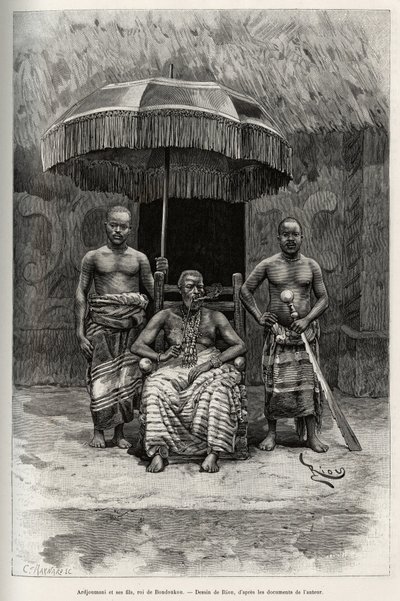 Ardjoumani（死于 1892 年）和他的儿子，邦杜库（科特迪瓦）国王。 Riou 版画，说明故事“从尼日尔到几内亚湾”，由船长 Louis Gustave Binger（1856-1936）于 1887-1889 年在 Le tour du monde，nouveau journal des voyag 作者 爱德华·里奥（Edouard Riou）