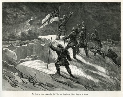 乔治-斯特朗-纳雷斯船长（1831-1915）将英国国旗插在最接近极点的地方，由Riou绘制，以说明1875-1876年G.S.纳雷斯船长前往极地海域航行的故事。Le tour du monde中的雕版画 作者 爱德华·里奥（Edouard Riou）