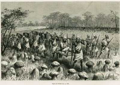 Departed from Kalassa, the narrator traveler in his chair with porters. Engraving by Riou to illustrate the story Les lacs de l