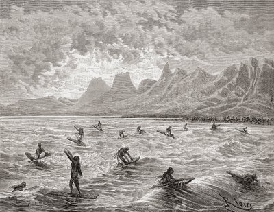 夏威夷人冲浪，插图来自&39;手中的世界&39;，由Charles Barbant（d.1922）刻，1878年出版（雕刻） 作者 Edouard Riou