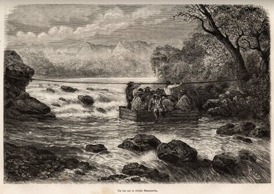La traversee par le bac de la Riviere Mesacancha (Bas Peru), engraving by E.Riou illustrating the journey in the mountains, the valley of Huarancalqui and the regions of the Pjonal, from 1862 to 1863, by Paul Marcoy, published in “” Le tour du monde”” 1875 作者 爱德华·里奥（Edouard Riou）