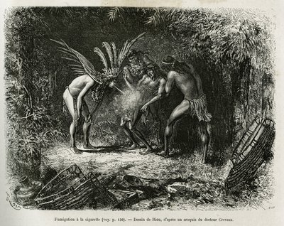 Roucouyan印第安人用香烟进行医疗熏蒸。 由 Riou 雕刻，以说明 Cayenne aux Andes 的故事，由法国海军博士 Jules Crevaux 于 1878-1879 年在 Edouard Charton 指导下发表于 Tour du monde 作者 爱德华·里奥（Edouard Riou）