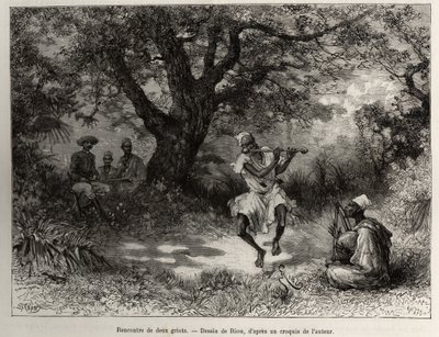 Meet two griots, Captain Binger, sitting in the shade, enjoys the show. Engraving by Riou, to illustrate the story “” From Niger to the Gulf of Guinee”” by Captain Louis Gustave Binger (1856-1936), in 1887-1889, in Le tour du monde, nouveau journal des voy 作者 爱德华·里奥（Edouard Riou）
