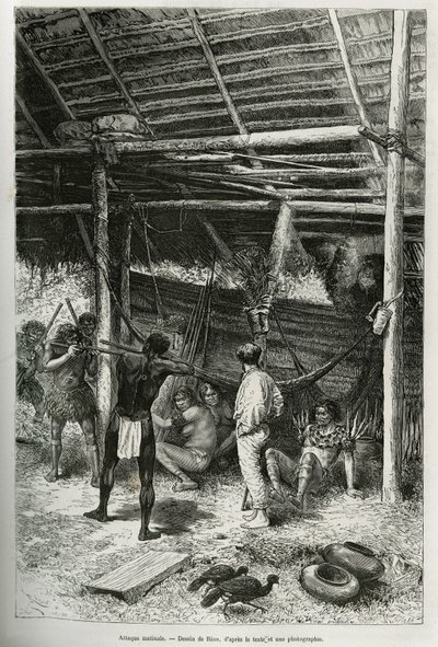 来自亚马逊河岸的印第安人早晨袭击了探险家的小屋。Riou的雕刻作品，用于说明法国海军博士Jules Crevaux于1878-1879年创作的卡宴-安第斯山脉的故事，发表于《世界之旅》，由Riou指导。 作者 爱德华·里奥（Edouard Riou）