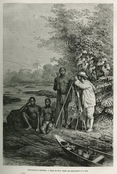Observation at theodolite, Dr Crevaux with his measuring instruments and his team of guide and porters, in full working session, engraving after a drawing by Riou, to illustrate the story De Cayenne aux Andes, by Jules Crevaux, doctor of the French navy, i 作者 爱德华·里奥（Edouard Riou）