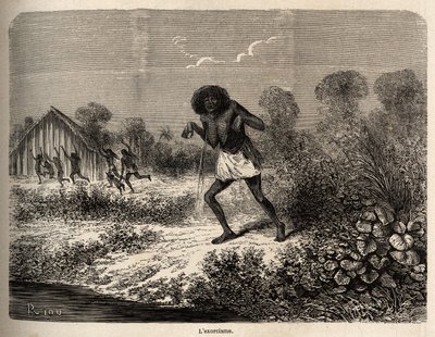 Conibos 印第安人惊慌失措，保罗·马科伊 (Paul Marcoy) 的远征队到达通巴亚 (秘鲁) 附近时逃跑了，而他本人却是一位老印第安人的邪恶咒语的受害者，由 Riou 绘制，以说明 1848 年至 1860 年 P 的航行 . Marcoy，从 作者 爱德华·里奥（Edouard Riou）