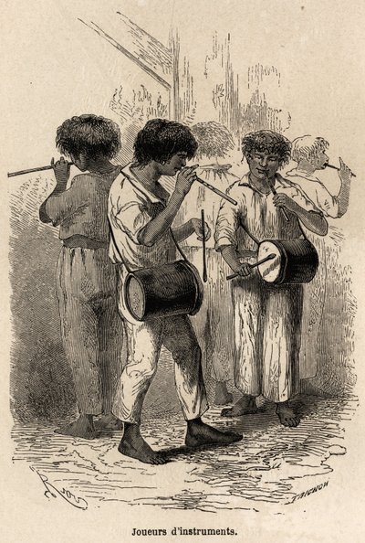 萨拉亚库（秘鲁）的乐器演奏者，由 Riou 绘制，用于说明 Paul Marcoy 从 1848 年到 1860 年从太平洋到大西洋的旅程。雕刻在“Le tour du monde”，由 Edouard Charton 编辑 作者 爱德华·里奥（Edouard Riou）