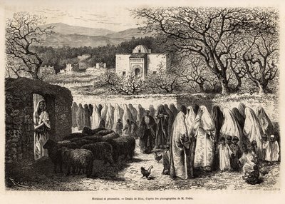 前往 Marabout de Tlemcen 的游行队伍（带有伊斯兰教男子饰面圆顶的坟墓），由 E.Riou 绘制，描绘了前往特莱姆森（阿尔及利亚）的航程，由 E. de Lorral 于 1875 年创作，发表于“” Le tour du monde”””1875 年，Edouard Char 编辑 作者 爱德华·里奥（Edouard Riou）