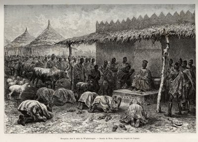 来自瓦加杜古（布基纳法索瓦加杜古）莫西王国（或莫西）的naba Sanem接待处。里奥的雕刻作品，为路易-古斯塔夫-宾格船长（1856-1936）1887-1889年在《Le tou》上发表的 "从尼日尔到吉尼湾 "的故事作插图。 作者 爱德华·里奥（Edouard Riou）