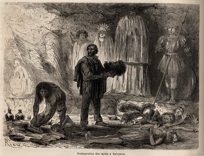 萨拉亚库（秘鲁）圣徒雕像的修复，由 Riou 绘制，用于说明 Paul Marcoy 从 1848 年到 1860 年从太平洋到大西洋的旅程。雕刻在“Le tour du monde”，由 Edouard Charton 编辑 作者 爱德华·里奥（Edouard Riou）