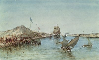 1869年在就职典礼上纪念Eugenie皇后航行纪念册（1826-1920）的苏伊士运河上发货（纸上写着） 作者 爱德华·里奥（Edouard Riou）
