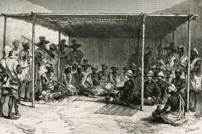 1880 年 4 月 25 日，指挥官约瑟夫·加利尼 (Joseph Gallieni)（1849-1916 年）和托康坦·凯塔 (Tokontan Keita) 签署了将北国（前法属苏丹，今马里）置于法国保护国之下的条约。 Riou 雕刻，基于 au 的草图 作者 Edouard Riou