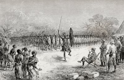 亨利·莫顿·斯坦利爵士在1890年的Usiri观看Mazamboni战士的方阵舞（木版画） 作者 爱德华·里奥（Edouard Riou）