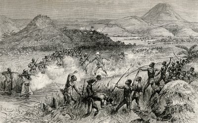 亨利莫顿斯坦利爵士首次与Mazamboni人相遇，1890年（木版画） 作者 爱德华·里奥（Edouard Riou）