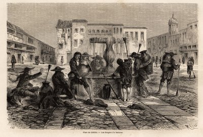 庞戈，印第安人在喷泉旁，在库斯科的 cabildo 广场被奴役，由 Riou 绘制，以说明保罗·马科伊从 1848 年到 1860 年穿越南美洲的旅程。 Edouard C 编辑的“Le tour du monde”中的雕刻 作者 爱德华·里奥（Edouard Riou）