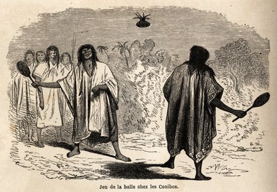 The ball game, among the Indian conibos of Peru, drawing by Riou to illustrate the voyage, from 1848 to 1860, of P. Marcoy, from the Pacific Ocean to the Atlantic Ocean. Engraving in “” Le tour du monde””, edited by Edouard Charton 作者 爱德华·里奥（Edouard Riou）