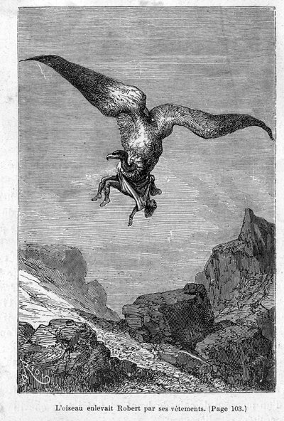 尤瑟·凡尔纳（Jules Verne）着，“格兰特船长的孩子：罗伯特用衣服绑架了罗伯特”，1868年版 作者 爱德华·里奥（Edouard Riou）