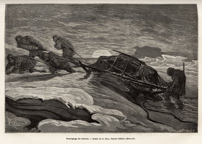 The crew of the ship La Germania, descended on the ice for a hunting game, proceeded to tow their sleigh on the ice, as the sun sets, engraving after the drawing of E.Riou, illustrating a voyage to the North Pole in 1869-1870 by the captain of the ship La  作者 爱德华·里奥（Edouard Riou）