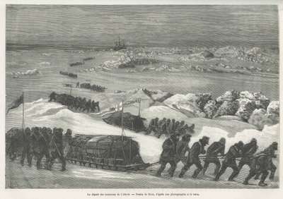 警报雪橇的出发，极地探险队的船，Riou画的，用来说明1875-1876年G.S.Nares船长的极地海洋航行的故事。世界之旅》中的雕刻 作者 爱德华·里奥（Edouard Riou）