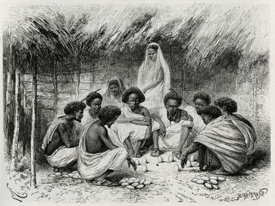 The game of the cup, or game of the fly, in front of each player his bet, here an egg plant in the sand, then all wait in silence for a fly to land on an egg and draw the winner who wins all bets, in somali (or somalis). Engraving by Riou, to illustrate th 作者 爱德华·里奥（Edouard Riou）