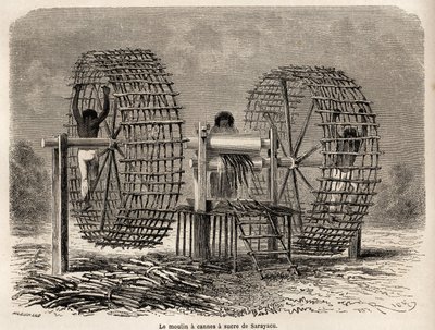 从萨拉亚库（秘鲁）研磨甘蔗的磨坊，由 Riou 绘制，用于说明 Paul Marcoy 从 1848 年到 1860 年从太平洋到大西洋的旅程。Edouard Charton 编辑的“Le tour du monde”版画 作者 爱德华·里奥（Edouard Riou）